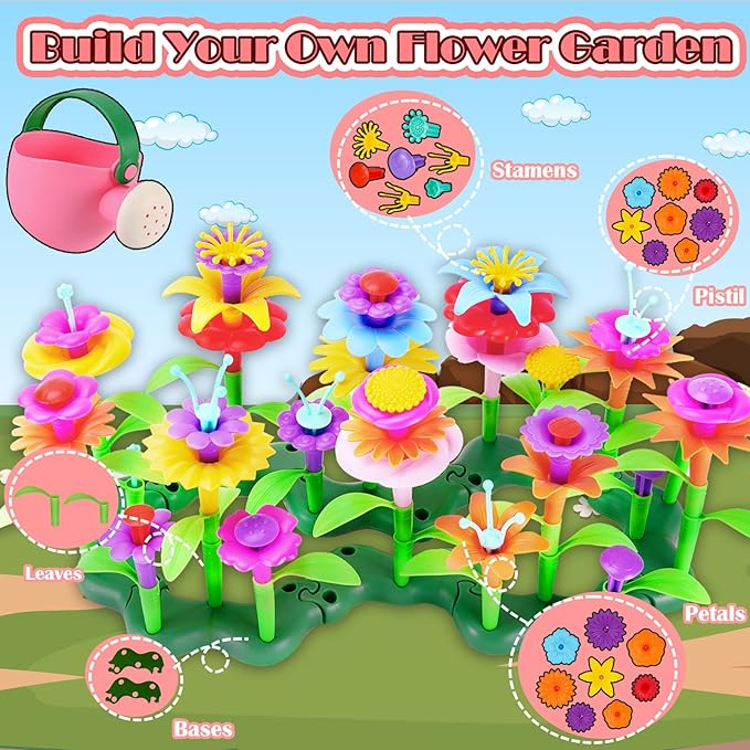 FUNZBO 99pcs Flower Garden Building Toys Set - Spring Toys for 3 4 5 6 7 8 9 Years Old Girls, STEM Montessori Educational Toys for Toddlers Kids,Sorting & Stacking Toy for Birthday Gifts