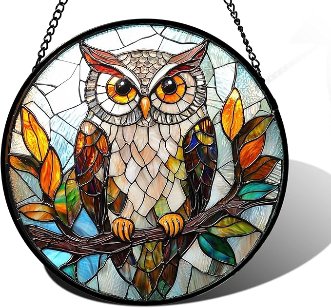 Stained Glass Window Hanging, Owl Colorful Leaves Birds Sun Catchers Diamond Glass Panel Hangings Suncatcher Decor for Birthday for Women, Men, Wife, Aunt, and Mom 9.8 in