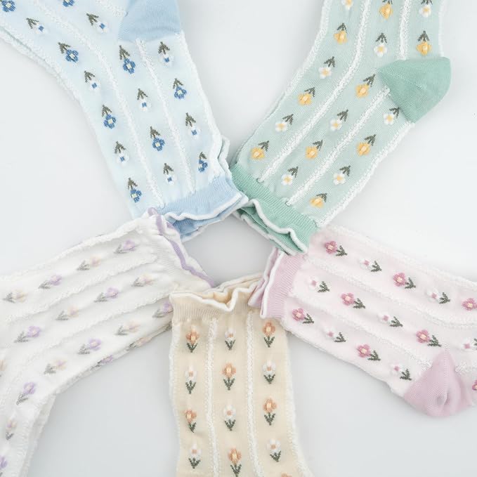 Kikiya Women's Cotton Crew Socks - Cute Flower Graphic Polka Dot Striped Heart Patterned - Ladies Girls Casual Socks Size 6-8