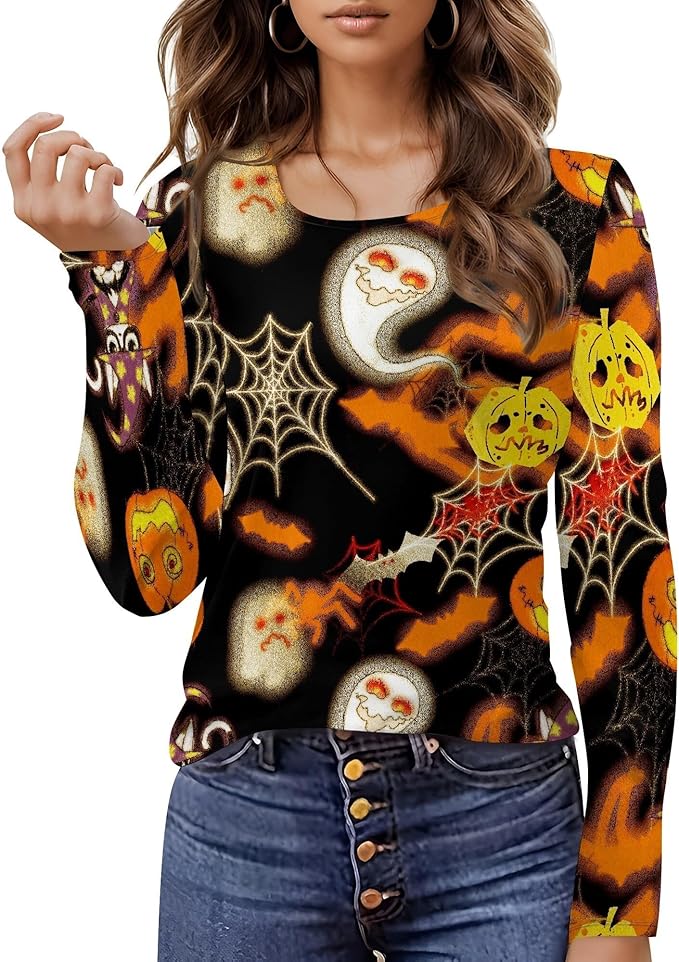 domirica Halloween Sweatshirts For Women Cute Pullover Fall Long Sleeve Pullover U-Neck Halloween Crazy Party Club Clothes