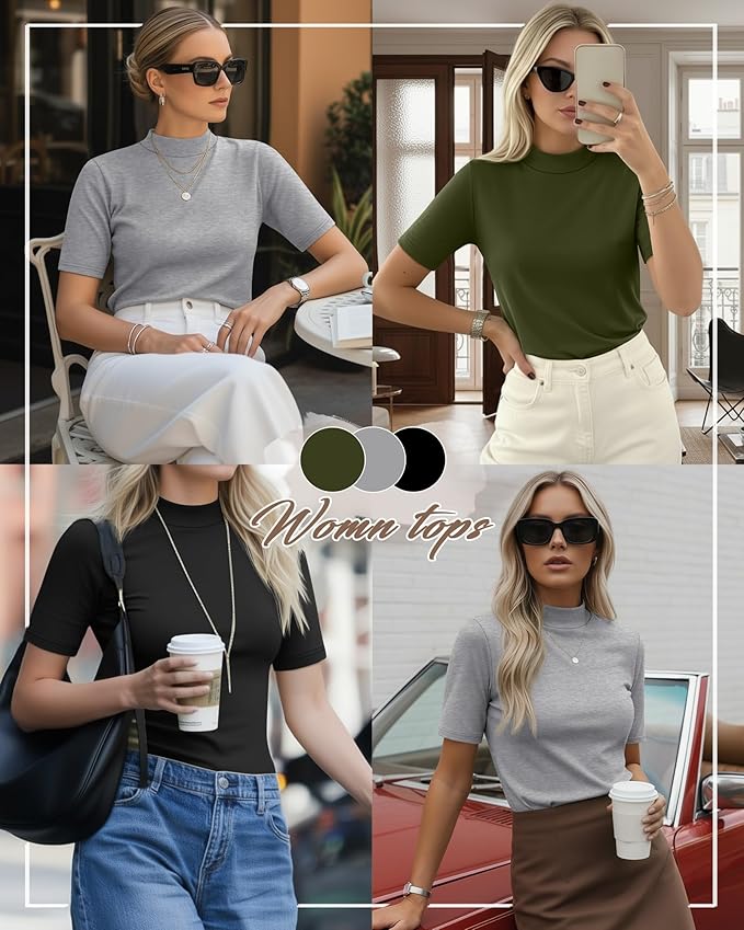 Ficerd 3 Pack Women's 1/2 Sleeve Mock Turtleneck Shirts, Elbow Length Shirt Half Sleeve Tunic Top Casual Summer Basic Tees