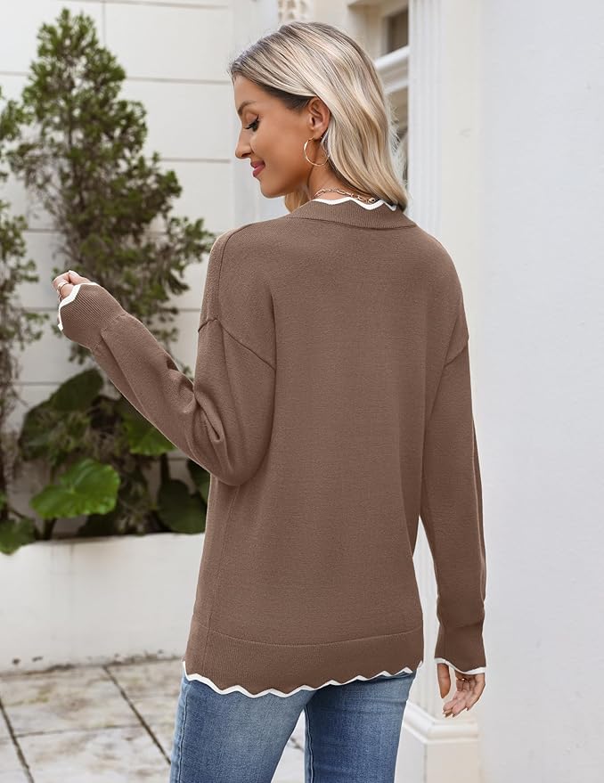 Zeagoo Women's 2026 Fall V Neck Sweater Casual Long Sleeve Lightweight Ribbed Knit Pullover Sweaters Dressy Casual Tops
