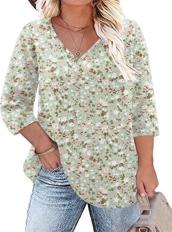 TFSDOD Womens Plus Size Tops V Neck T Shirts 3/4 Sleeve Blouse Summer Casual Tees XL-5X