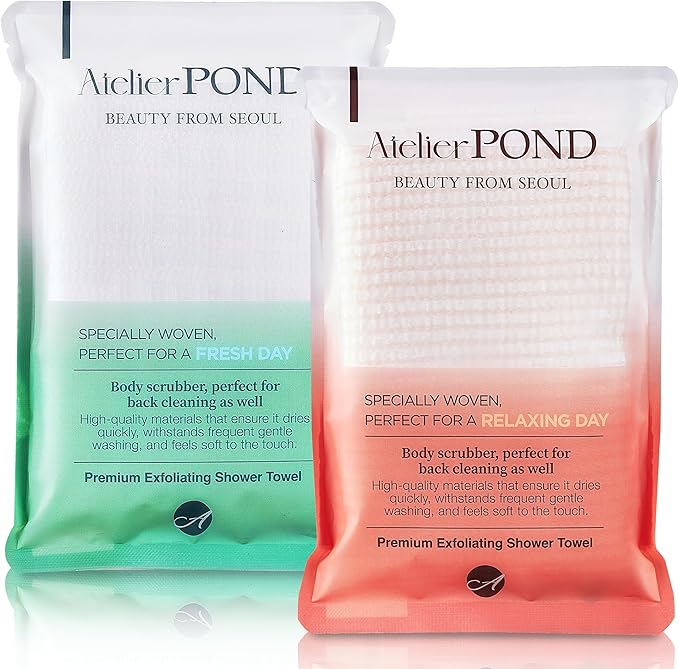 atelier POND Korean Exfoliating Washcloth 2-Pack – Shower Towel Body Scrub Cloths for Deep Cleansing & Dead Skin Removal (Fresh Green + Relax Orange – Value Set)