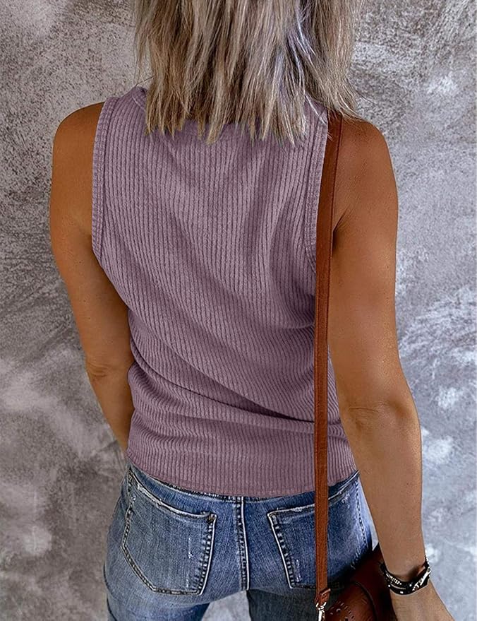 MEROKEETY Women's 2026 Summer Sleeveless Tank Tops V Neck Ribbed Dressy Casual Henley Shirts Button Loose Cami Tees