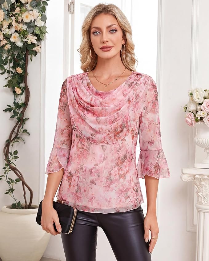 Lotusmile Blouses for Women Dressy Casual 3/4 Sleeve Cowl Neck Sparkly Tops Cocktail Shirts for Evening Party