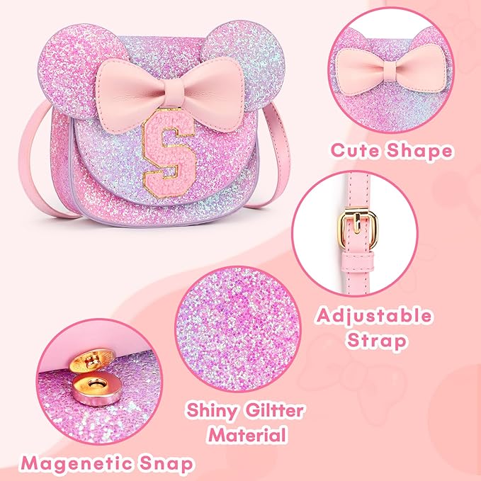 mibasies Toddler Purse Girl Gifts: Girls Birthday Gifts for 3-8 - Toys for Ages 2-4 Girls Mouse Ears Purse, Purple Rainbow, Letter S