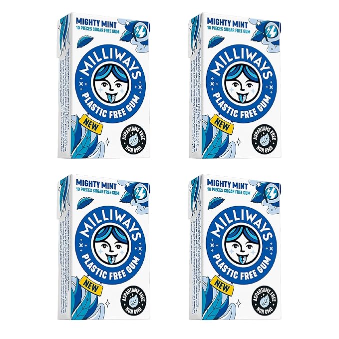 Milliways Mighty Mint | Plastic Free Gum | Xylitol, Aspartame-Free, Sugar-Free, Plant-Based, Natural Chewing Gum | 40 Pieces Total (4 Packs of 10 Pieces)