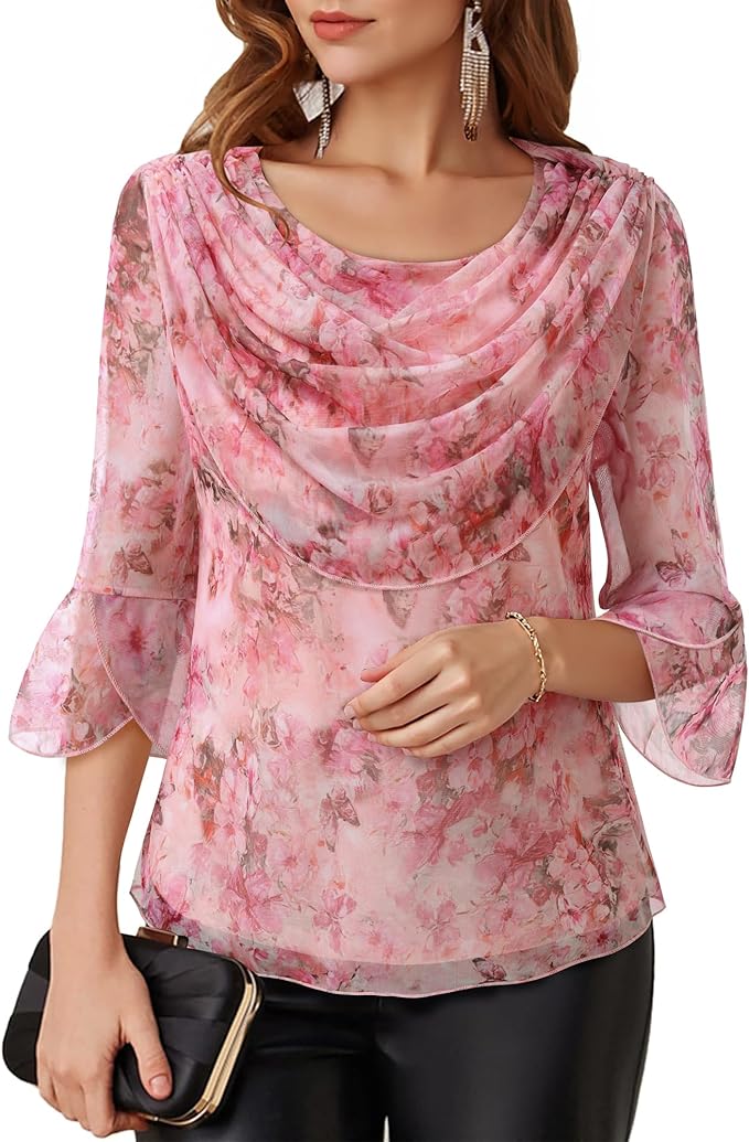 Lotusmile Blouses for Women Dressy Casual 3/4 Sleeve Cowl Neck Sparkly Tops Cocktail Shirts for Evening Party