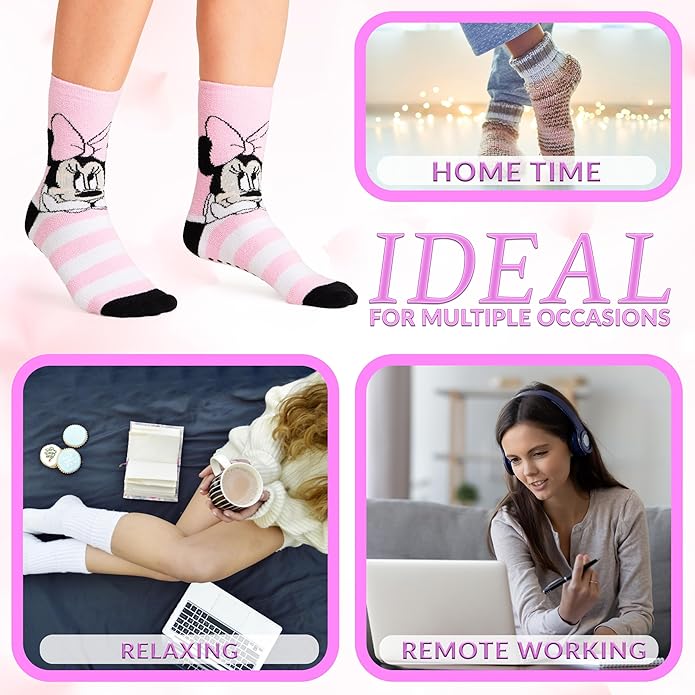 Disney Slippers Socks for Women & Teens US Size 4-9, Pack of 2 Non Slip Fleece Winter Socks, Soft & Fluffy, Gifts for Her
