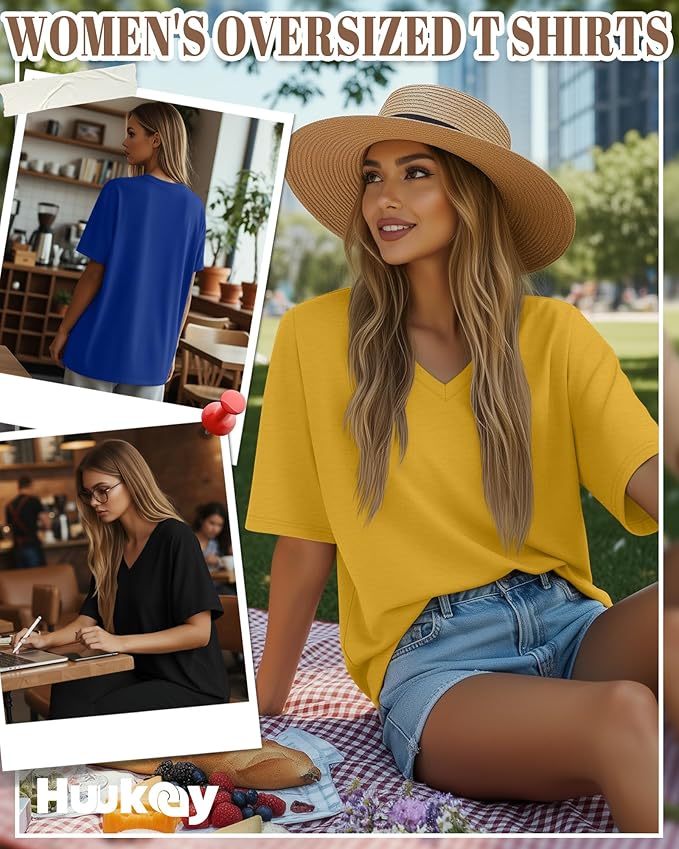 Huukeay Women's Cotton Oversized T Shirts 3 Pack V Neck Loose Fit Half Sleeve Tops Baggy Casual Summer Gym Workout Tees 2026