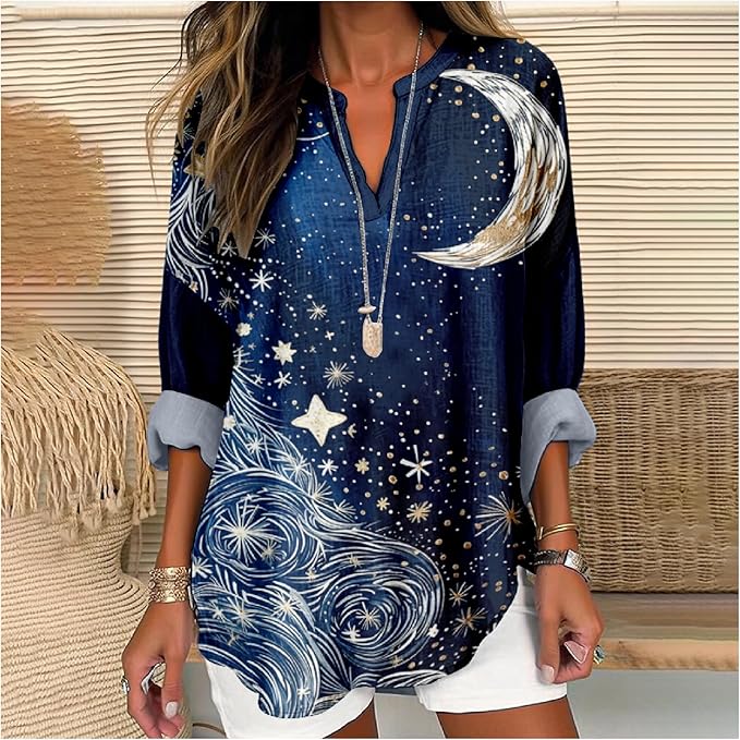 MARSVOVO V Neck Shirt For Women Boho Multi Style Blouse Long Sleeve Novelty Graphic Plus Size Pullover Tops For Women