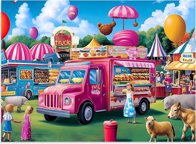 500 Piece Puzzles for Adults, Pink Burger Truck at Amusement Park Puzzle, Recycled Cardboard Jigsaw Puzzle 500 Pieces Vivid Colors, Challenging Puzzles Game Fun Gift for Teens Seniors 20.5 x 15in
