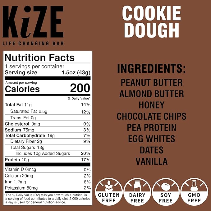 KiZE Energy Bars - Peanut Butter Chocolate Chip & Cookie Dough Bundle - 20-Count - Gluten Free, Dairy Free Options, Non-GMO, and High Protein Meal Replacement Energy Bars, Clean and Simple Food Ingredients - 10g High Protein Snacks (20 Count)