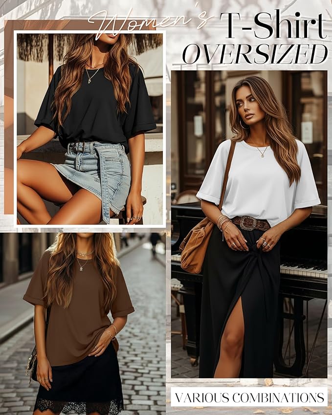 Riyiper 3 Pack Women's Oversized T-Shirt Half Sleeve Summer Tees Casual Loose Fit Crew Neck Basic Tops