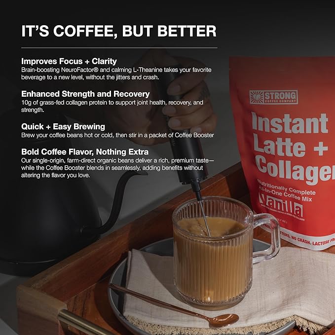 Strong Coffee Co. Vanilla Instant Latte | Organic Coffee with 15g Collagen Protein | Lion’s Mane & L-Theanine | Nootropic Instant Coffee | 12 Serving