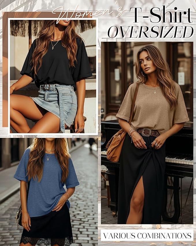 Riyiper 3 Pack Women's Oversized T-Shirt Half Sleeve Summer Tees Casual Loose Fit Crew Neck Basic Tops
