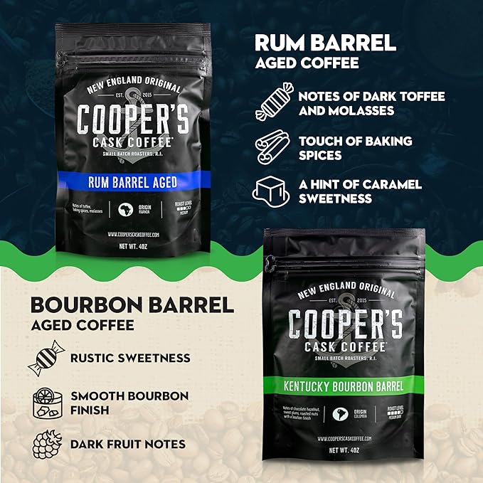 Bourbon & Whiskey Barrel Aged Coffee Box Set with Four Whole Bean Single Origin Coffees (Colombia, Sumatra, Ethiopia, Rwanda) Premium Small-Batch Gourmet Roasted Coffee Gift (Pack or 4)