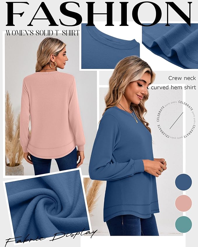 Ficerd 3 Pack Women's Long Sleeve Shirts, Cotton Crew Neck Tunic Tops Casual Loose Fit Pullover Sweatshirts Curved Hem Shirts