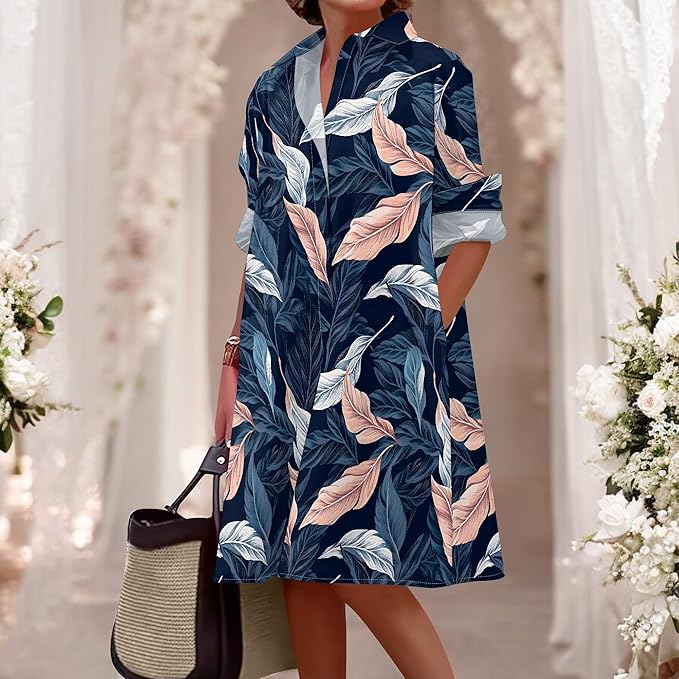 Shirt Dresses for Women 2025 Summer Long Sleeve Casual Plus Size Floral Printed Beach Vacation Dress with Pockets
