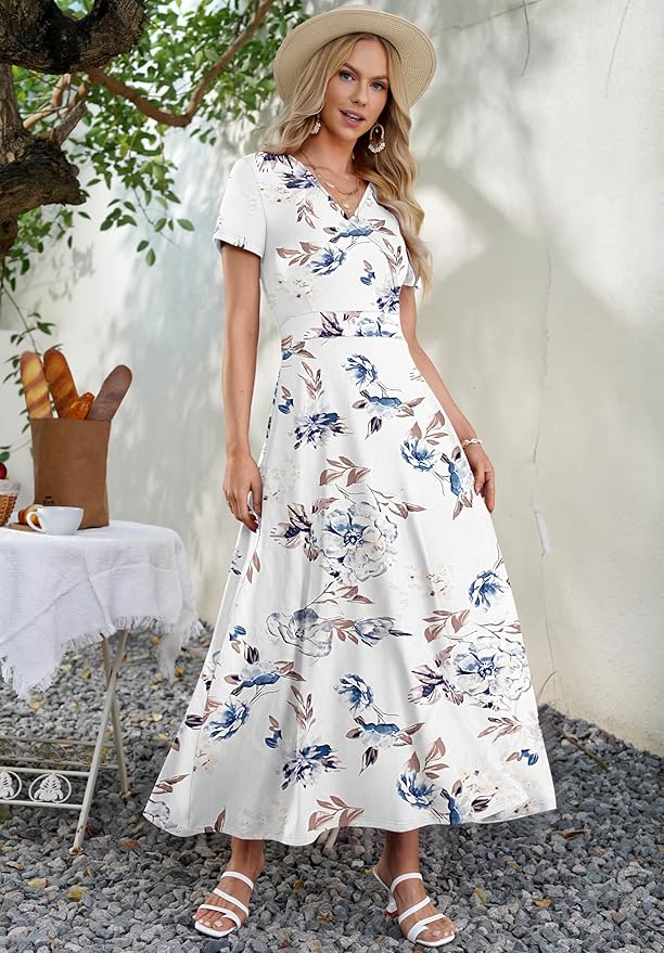 AUSELILY Maxi Dresses for Women Ankle Length Floral Print Beach Long Flowy Dress with Pockets