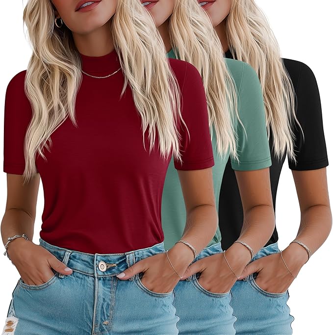 Ficerd 3 Pack Women's 1/2 Sleeve Mock Turtleneck Shirts, Elbow Length Shirt Half Sleeve Tunic Top Casual Summer Basic Tees