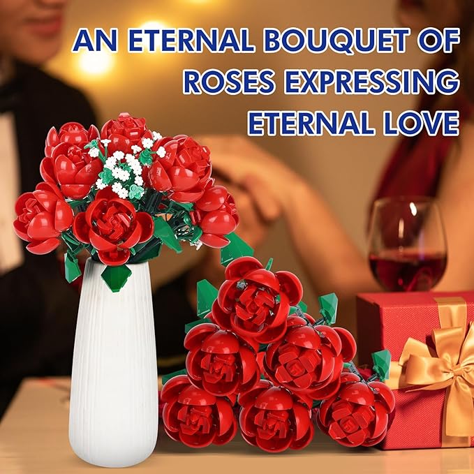 Dexblocks 780 PCS Red Rose Building Flower Bouquet Kit for Adults & Kids, DIY Artificial Flowers Set for Home Decor, Desk Display, Gifts for Women, Girls (Red Rose)