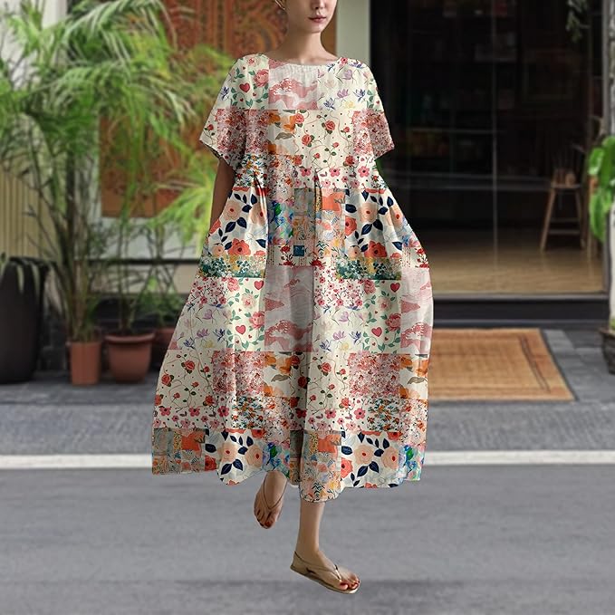 MARSVOVO Patchwork Flowy Dresses for Women Plus Size Loose Casual Tunic Dress Elegant Crewneck Maxi Dresses with Pockets
