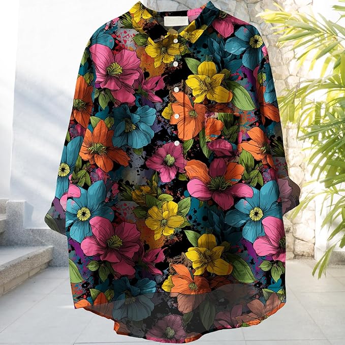 Womens Boho Tops 3/4 Long Sleeve Floral Blouses Hawaii Beach Button Down Shirts V Neck Pullover Casual Tunics