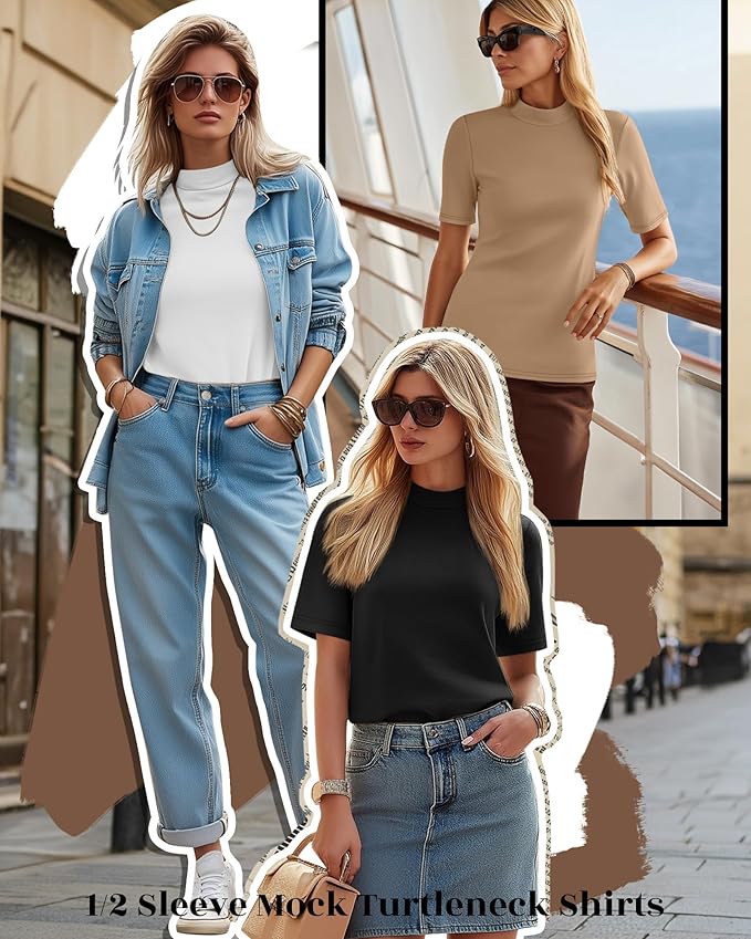 Ficerd 3 Pack Women's 1/2 Sleeve Mock Turtleneck Shirts, Elbow Length Shirt Half Sleeve Tunic Top Casual Summer Basic Tees