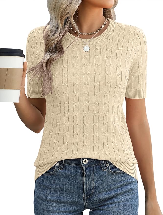 Micoson Womens Short Sleeve Cable Knit Sweater Tops Crewneck Lightweight Spring Summer Shirts Business Dressy Casual Outfits