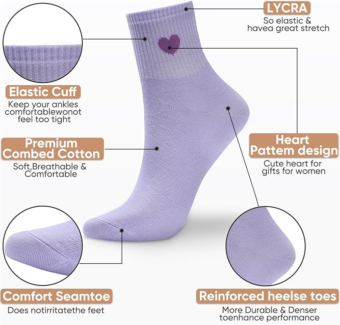 Corlap Women's Cute Cotton Crew Athletic Running Socks - Ankle High, Novelty Fun Heart Design 5-Pairs (Gift Box)