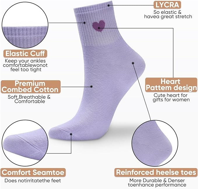 Corlap Women's Cute Cotton Crew Athletic Running Socks - Ankle High, Novelty Fun Heart Design 5-Pairs (Gift Box)