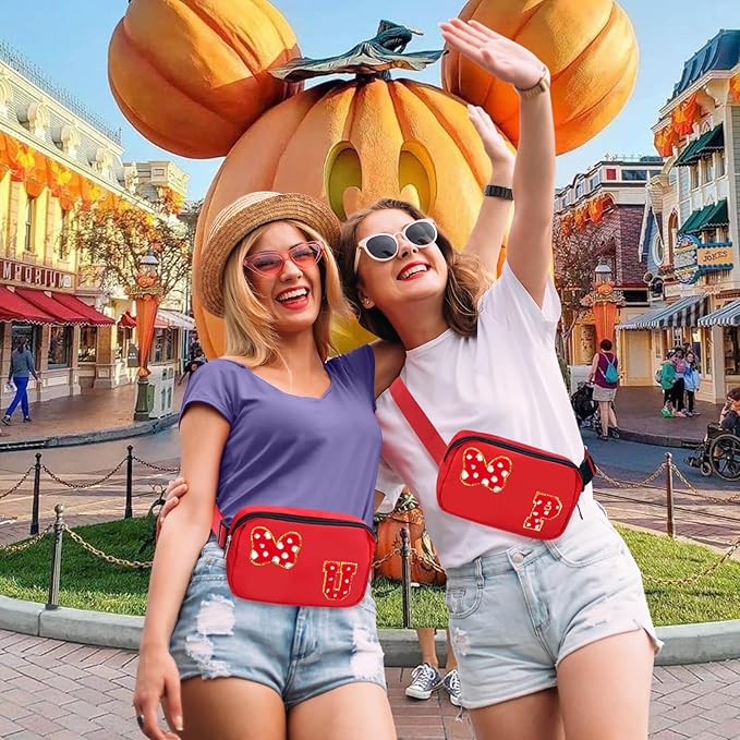 Chenille Initial Letter Bow Mouse Fanny Pack, Waterproof Park Crossbody Bag Christmas Birthday Gifts for Teen Girls Daughter Women Kids Adults, Cute Belt Bag Must Haves for Park Travel (U, Red)