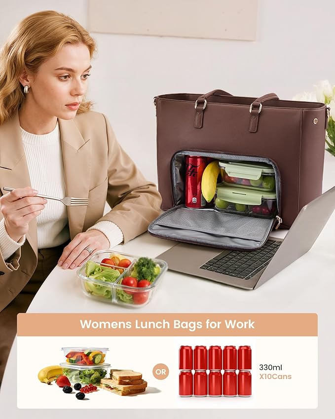 LOVEVOOK Lunch Tote Bag for Women, 3 in 1 Work Bag with Leakproof Cooler Compartment, Laptop Bag with Large Cup Holder for Office, College, Casual, Orange Brown