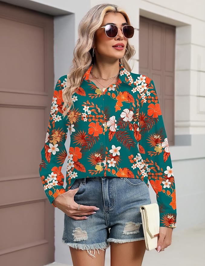 HOTOUCH Button Down Shirts for Women Long Sleeve Blouse Dressy Casual Business Work Tops with Pocket