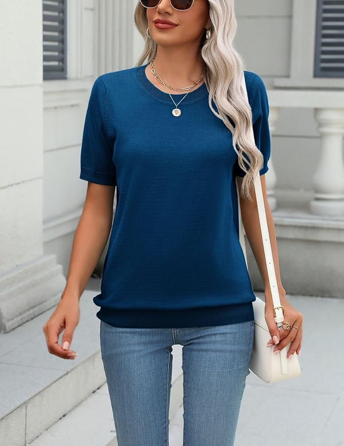 Zeagoo Womens Summer Short Sleeve Tops Crew Neck Lightweight Pullover Sweaters Loose Dressy Casual Blouse Basic Clothes