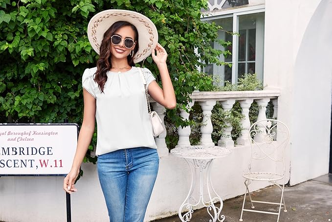 TASAMO Women's Casual Round Neck Basic Pleated Top Cap Sleeve Curved Keyhole Back Chiffon Blouse