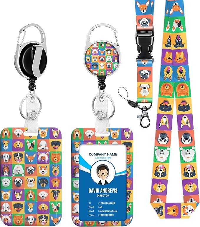 ID Badge Holder with Lanyard Fashionable ID Card Holders with Retractable Lanyards Soft Fiber Metal Clip Sturdy Buckle for Key Wallet Work Nurse Teacher Cute Fun Dog