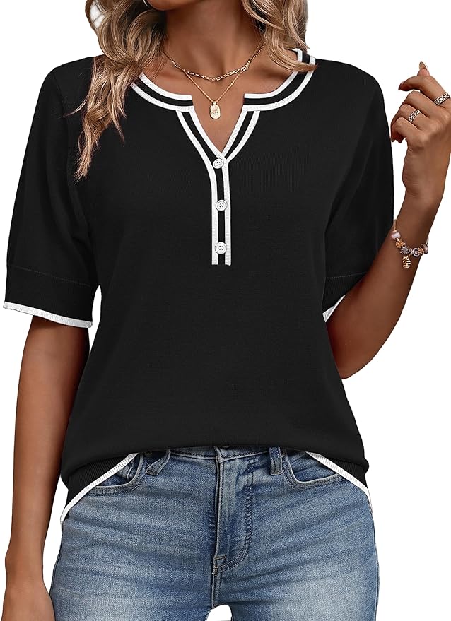 Zeagoo Women's Short Sleeve Sweater 2026 Spring Summer Tops Lightweight Casual V Neck Sweaters Dressy Work Blouses Clothes