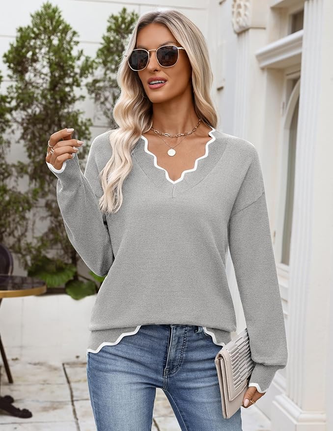 Zeagoo Women's 2026 Fall V Neck Sweater Casual Long Sleeve Lightweight Ribbed Knit Pullover Sweaters Dressy Casual Tops