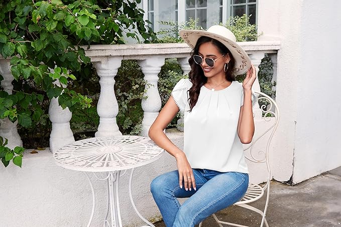 TASAMO Women's Casual Round Neck Basic Pleated Top Cap Sleeve Curved Keyhole Back Chiffon Blouse