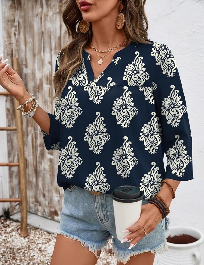 Rapbin Womens 3/4 Sleeve V Neck Floral Print Pleated Blouses for Women Dressy Casual Loose Fit Tops
