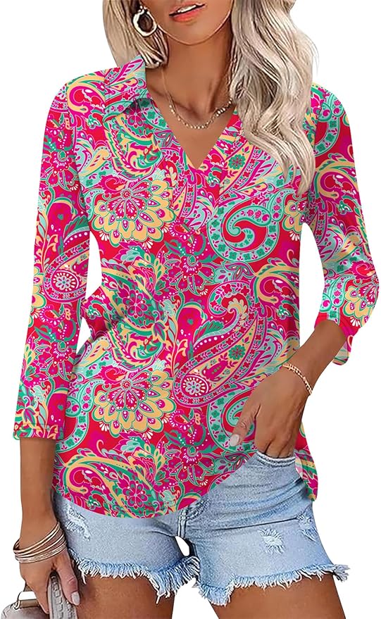 LOMON 3/4 Length Sleeve Womens Tops 2026 Spring Summer Collared Polo Shirts V Neck Casual Basic Polos Tees Shirt