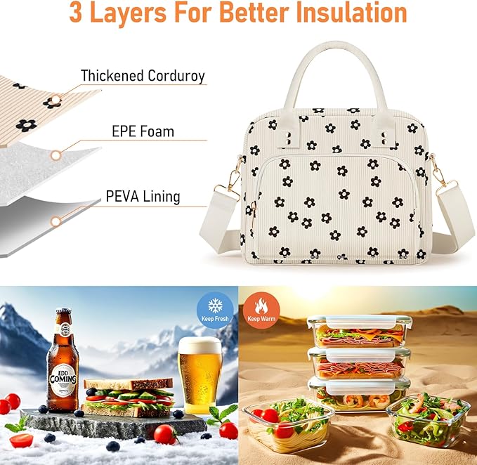 Lunch Bag Large Insulated Lunch Box for Women Men Adult Cute Black Floral Lunchbox Corduroy Lunch Bags Boxes Pail with Shoulder Strap for Work Mom Picnic Office Travel 11.4×6.8×9.1 inches 11.5L