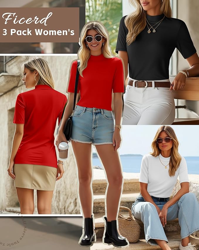 Ficerd 3 Pack Women's 1/2 Sleeve Mock Turtleneck Shirts, Elbow Length Shirt Half Sleeve Tunic Top Casual Summer Basic Tees