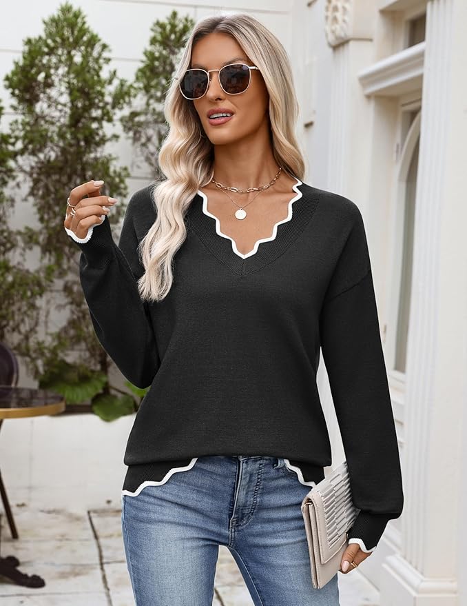 Zeagoo Women's 2026 Fall V Neck Sweater Casual Long Sleeve Lightweight Ribbed Knit Pullover Sweaters Dressy Casual Tops