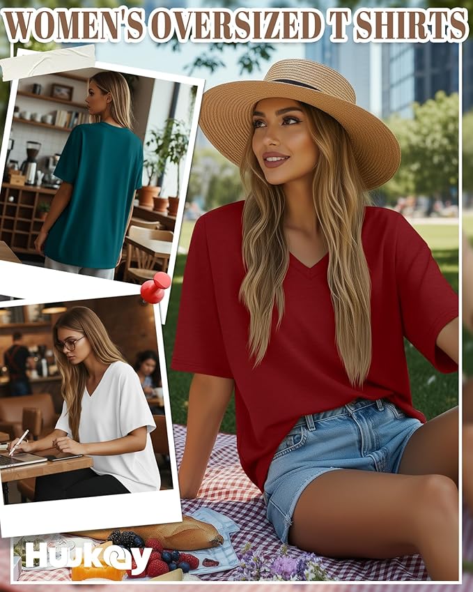 Huukeay Women's Cotton Oversized T Shirts 3 Pack V Neck Loose Fit Half Sleeve Tops Baggy Casual Summer Gym Workout Tees 2026
