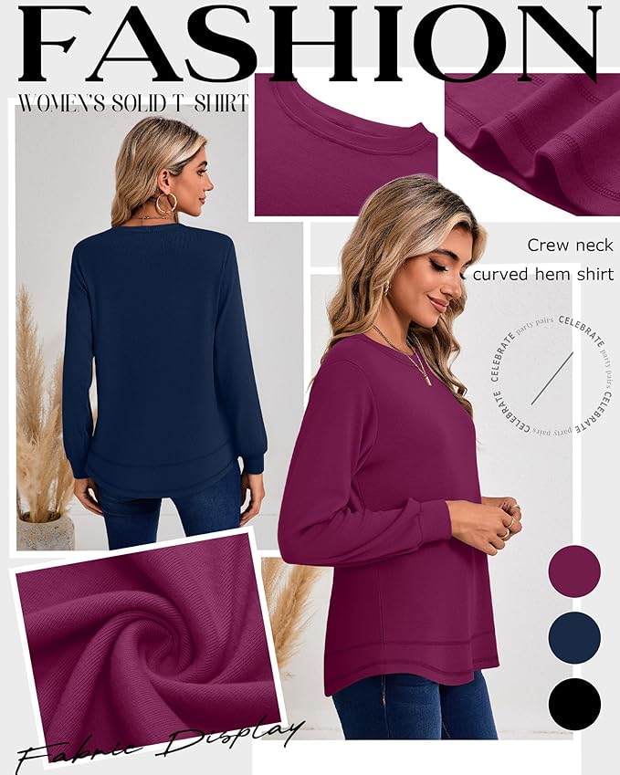 Ficerd 3 Pack Women's Long Sleeve Shirts, Cotton Crew Neck Tunic Tops Casual Loose Fit Pullover Sweatshirts Curved Hem Shirts