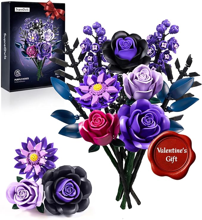 iATOM Flower Bouquet Building Set, Purple Roses Botanical Collection Kits for Adults Women, Gift for Valentine's Day for Her/Mom/Girlfriend/Wife/Couple, Gothic Modern Home Room Office Table Decor